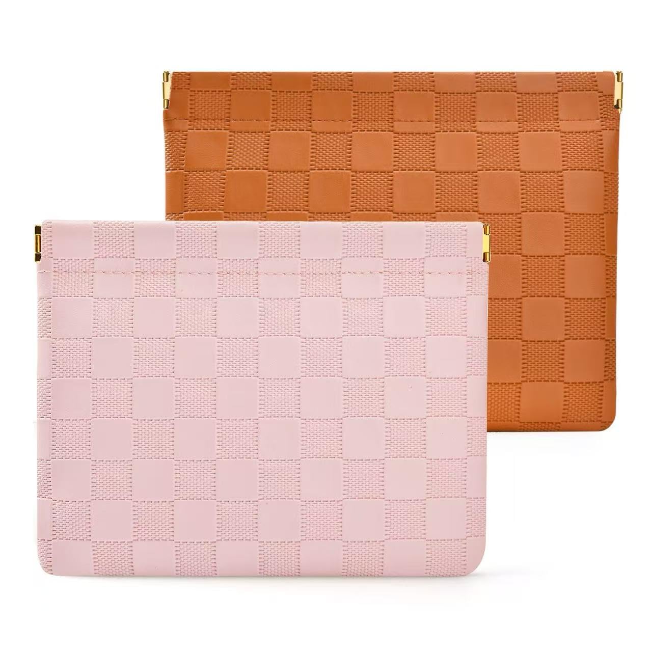 2-Pack Small Waterproof Checkered Makeup Bag - Portable Leather Travel Toiletry Bag Organizer with Snap Closure, Aesthetic Travel Storage Pouches for Women's cosmetic bag for purse (Pink&Brown)