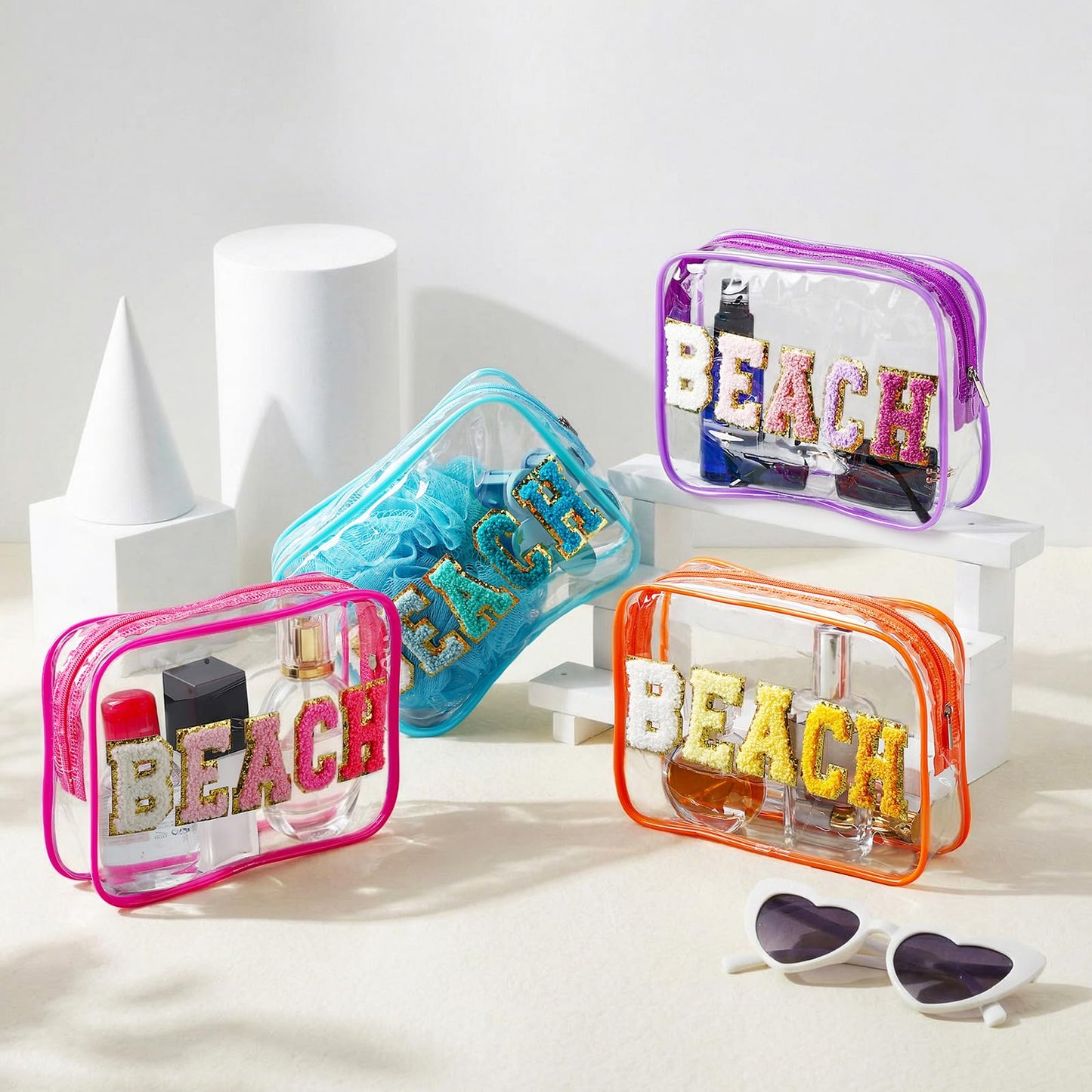 Kacctyen 8 Pcs Clear Makeup Bag Bulk Summer Beach Sunscreen Pouch Waterproof Toiletry Cosmetic Zippered Organizer with Preppy Chenille Letter Patch (Beach,Clear,Blue,Purple,Rose Pink,Orange)