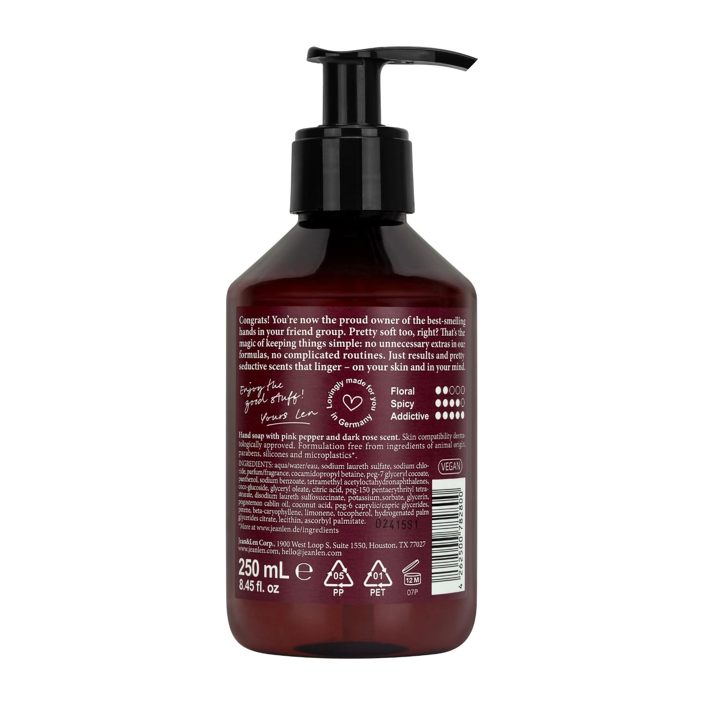 Jean & Len Hand Soap Pink Pepper & Dark Rose, gently cleanses stressed hands, suitable for daily use, liquid soap in pump dispenser, sensual fragrance, vegan, 8.45 Fl. Oz.