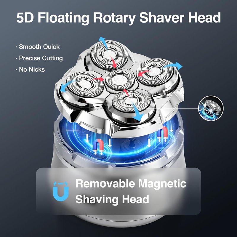 Head Shavers for Bald Men, Electric Shavers Razor, Rechargeable Bald Head Razor, 360°Close Shave for Men, 5D Magnetic Bald Head shavers Waterproof Mens Head Shaver for Wet/Dry Use (Silver)