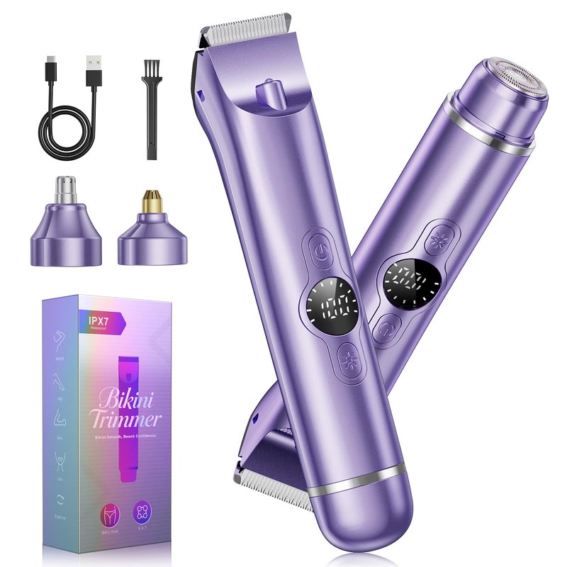 4 in 1 Bikini Trimmer for Women, Electric Razors for Women - Dual Head, Wet & Dry Use Pubic Body Hair Trimmer Electric Shavers, Rechargeable Womens Facial Razors for Legs, Nose, Armpits, Bikini Area