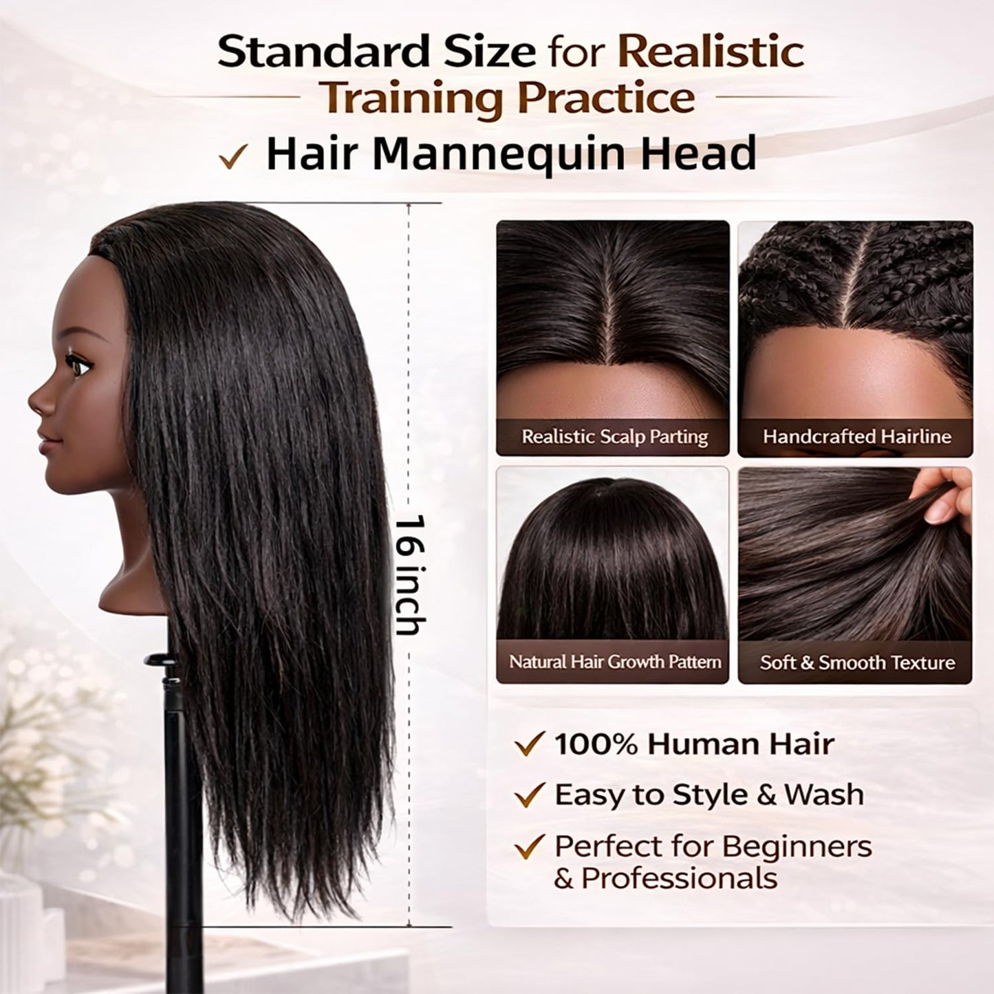 Mannequin Head Human Hair 16 Inch, 100% Real Human Hair Cosmetology Mannequin Head with Clamp Stand, Professional Hair Manikin Doll Head for Braiding, Styling & Hairdresser Training (Black-16inch)