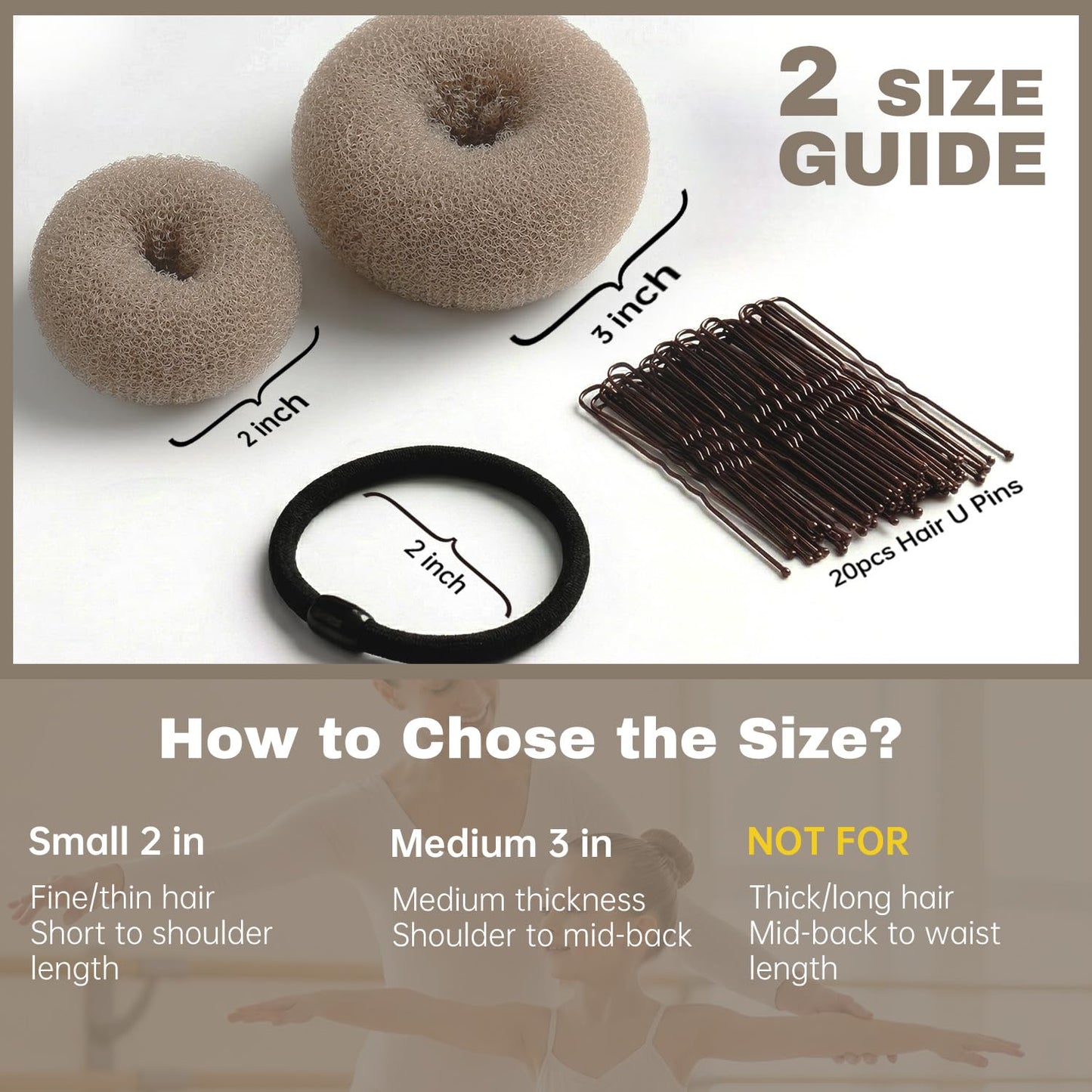 whisrvival 6pcs Hair Donut Bun Maker 2 Sizes in 1 Set(Small + Medium), Firm Hold Bun Shaper Ring for Women Girls Casual Styling | Includes 5 Hair Ties and 20 U Pins (Tan Brown)