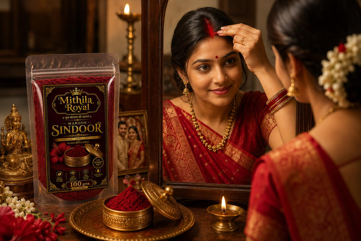 Mithila Royal Maroon Sindoor Powder Compact, Organic Sindoor For Women With Herbal Sindoor Blend, Kumkum Inspired Maroon Shade For Bridal Looks And Everyday Style