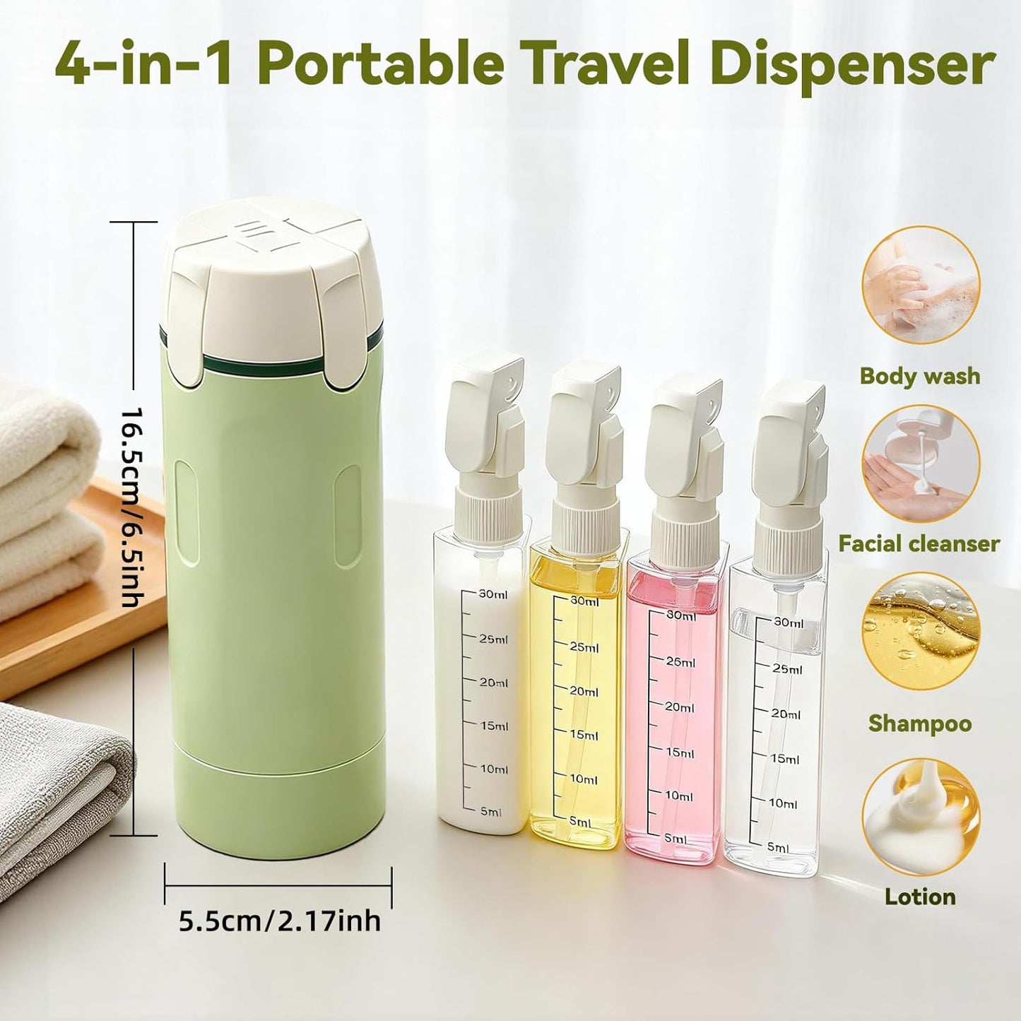 Travel Dispenser Bottle Set - 4 in 1 Leak Proof 30ml Toiletries Containers with Cleaning Brush | Perfect for Shampoo, Conditioner & Travel