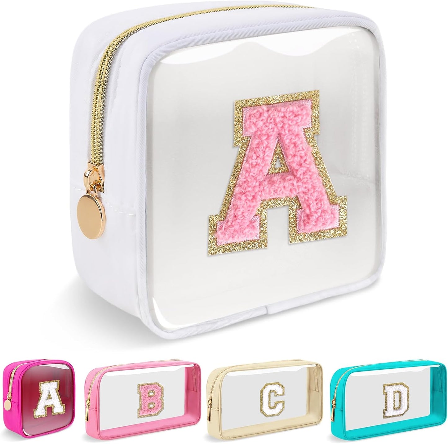 Personalized Initial Makeup Bag - Waterproof Nylon Cosmetic Pouch | A-Z Chenille Letter Patch, White-Pink G