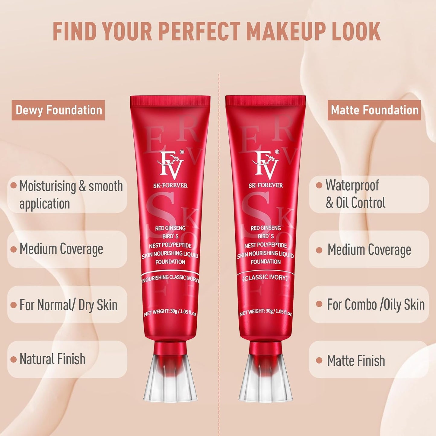 Dewy Liquid Foundation Makeup - Waterproof & Lightweight Hydrating Formula | 2 Pack, Classic Ivory