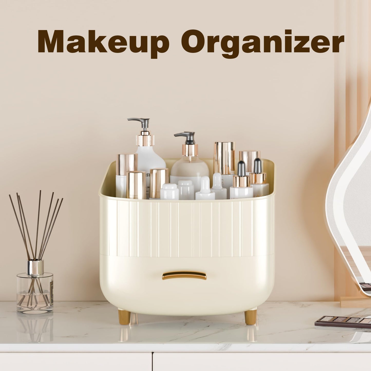 Plukers Makeup Organizer Countertop Vanity with Drawers Cosmetic Skincare Bathroom Storage Gift for Women Teens Girls (White)