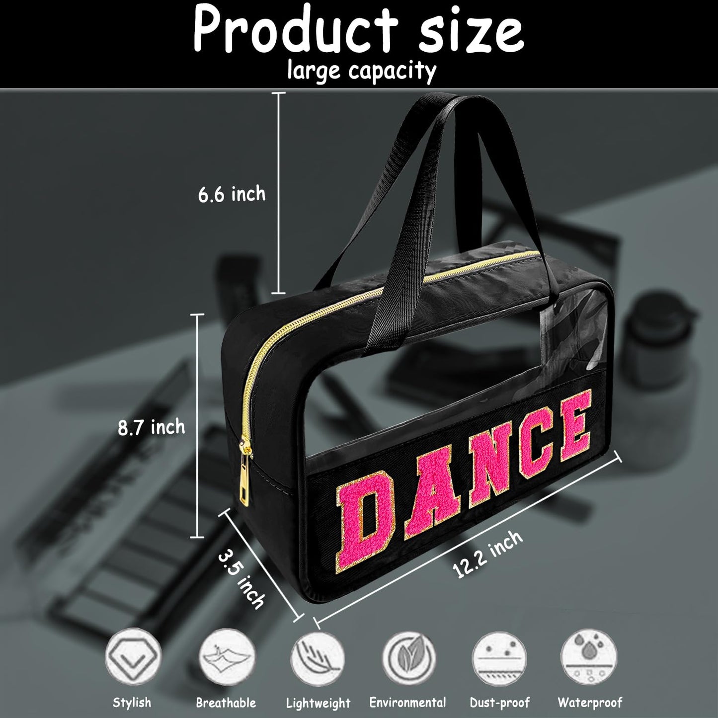 Bunliuys Chenille Letter Clear Makeup Bag Dance Patch, Travel Toiletry Makeup Bag with Handle, Nylon Waterproof Makeup Bags clear cosmetic bag, preppy patch makeup bag for Women (DANCE-Black)