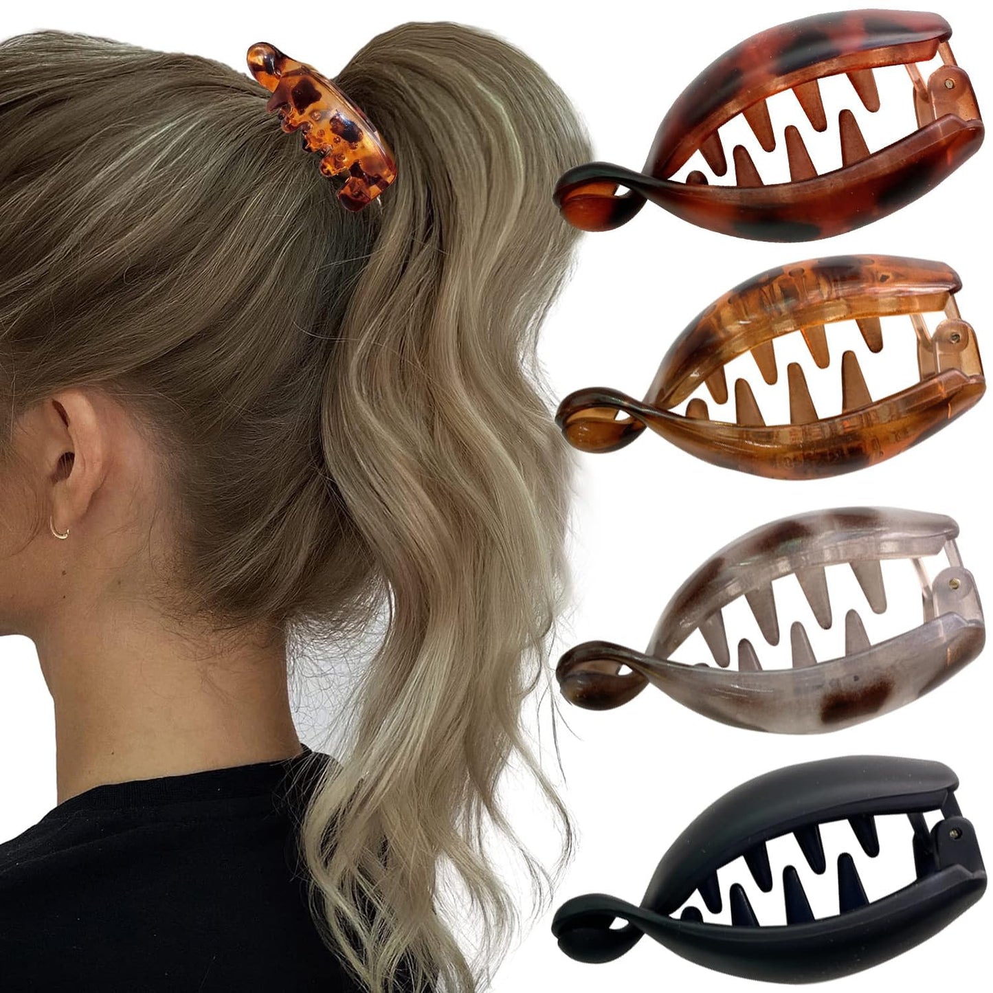 Banana Hair Clips Small Hair Clip 4PCS Cute Oval Black Gold Leopard Print Banana Hair Accessory Clip Non Slip for Ponytails Buns Curly Hair Claw Clips for Women Daily Thin Hair Decoration