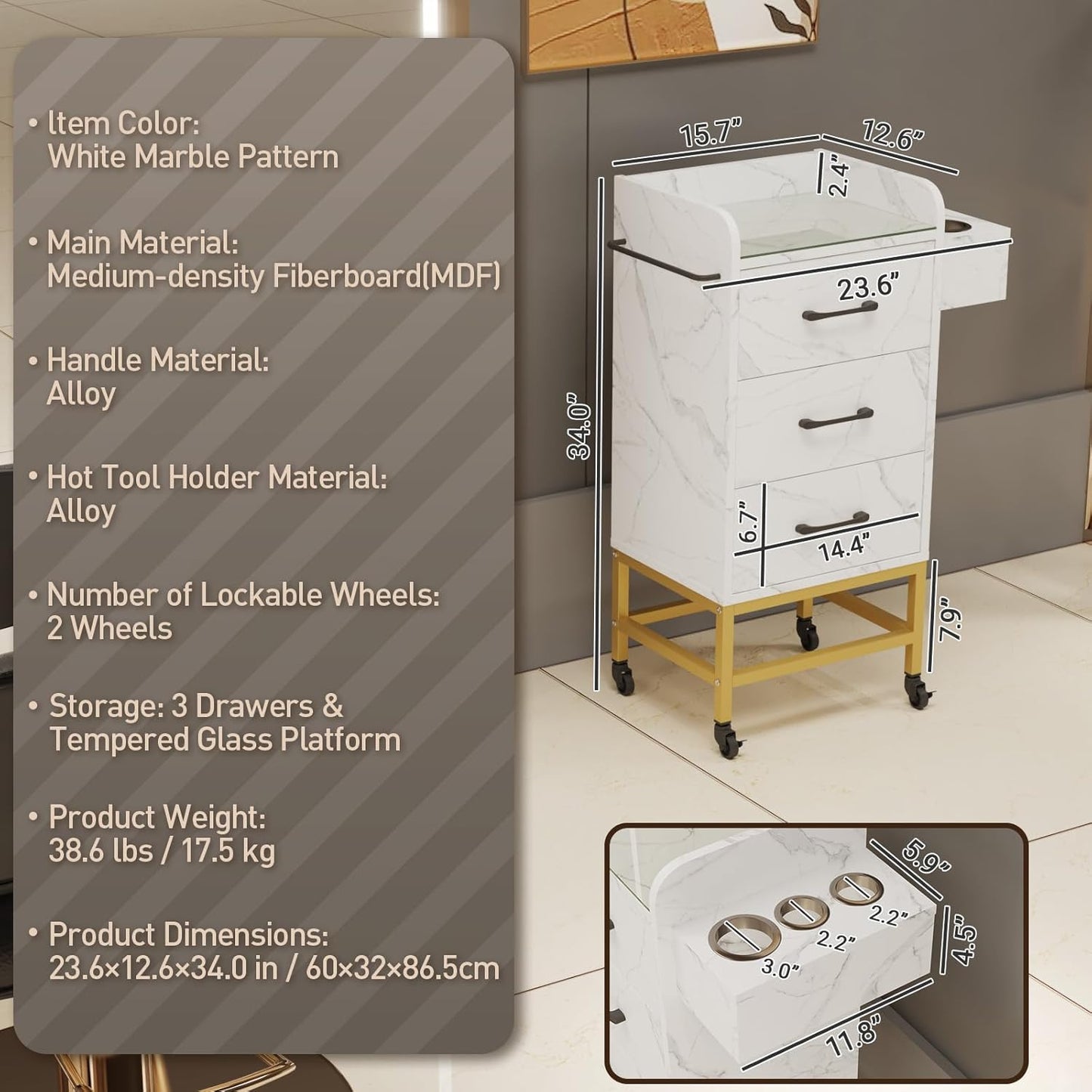 Salon Storage Trolley Cart - Rolling Barber Station with Toughened Glass Top & Lockable Wheels | White Marble Finish