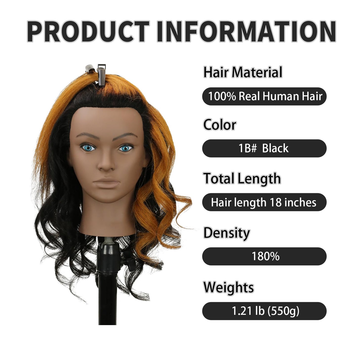 Sirydtm 18" Mannequin Head Human Hair 100% Real Human Hair Mannequin Head Cosmetology Makeup Doll Training Head With Table Clamp Stand for Curling, Cutting Dyeing & Hairdresser School Training