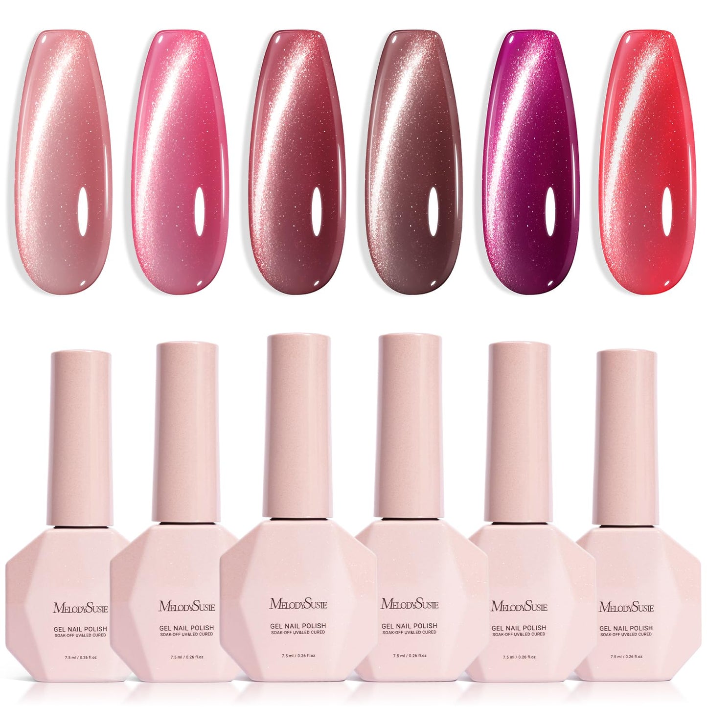 MelodySusie Ruby Gleam Red Cat Eye Set Cat Eye Gel Nail Polish Set 6 Pcs, 0.26 Fl Oz Glitter Holographic Magnetic Nail Polish with Magnet, UV Nail Polish for Nail Art Manicure Salon DIY at Home