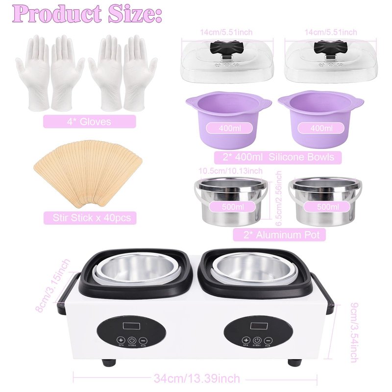 Beauty Star Digital Double Wax Warmer Machine - Hard Wax Pot Heater, Professional Kit with 2 Silicone Bowls, 40 Waxing Sticks & 4 Gloves for Hair Removal at Home, Salon or Spa for Women