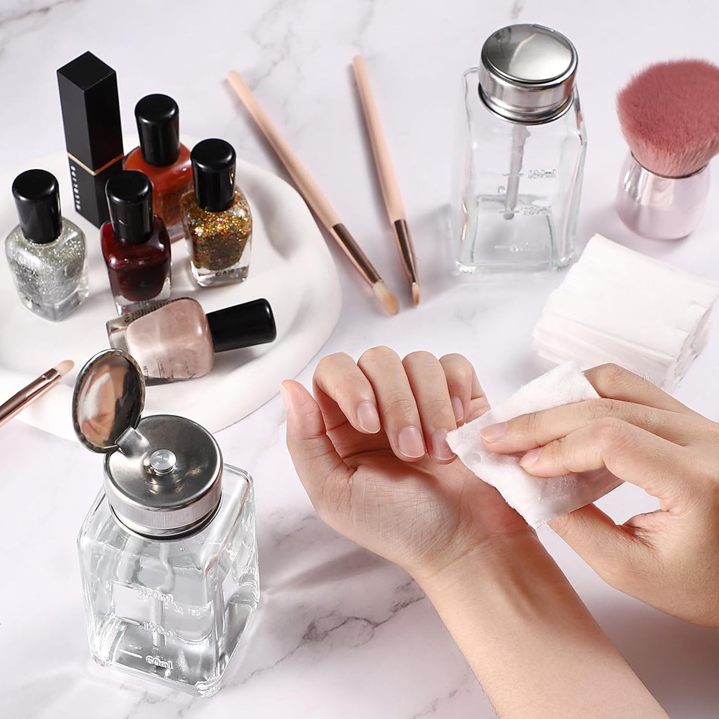 Noverlife Clear Glass Pump Dispenser Bottles - 2PCS 6Oz Nail Polish Remover Containers | Refillable Flip Top Cap