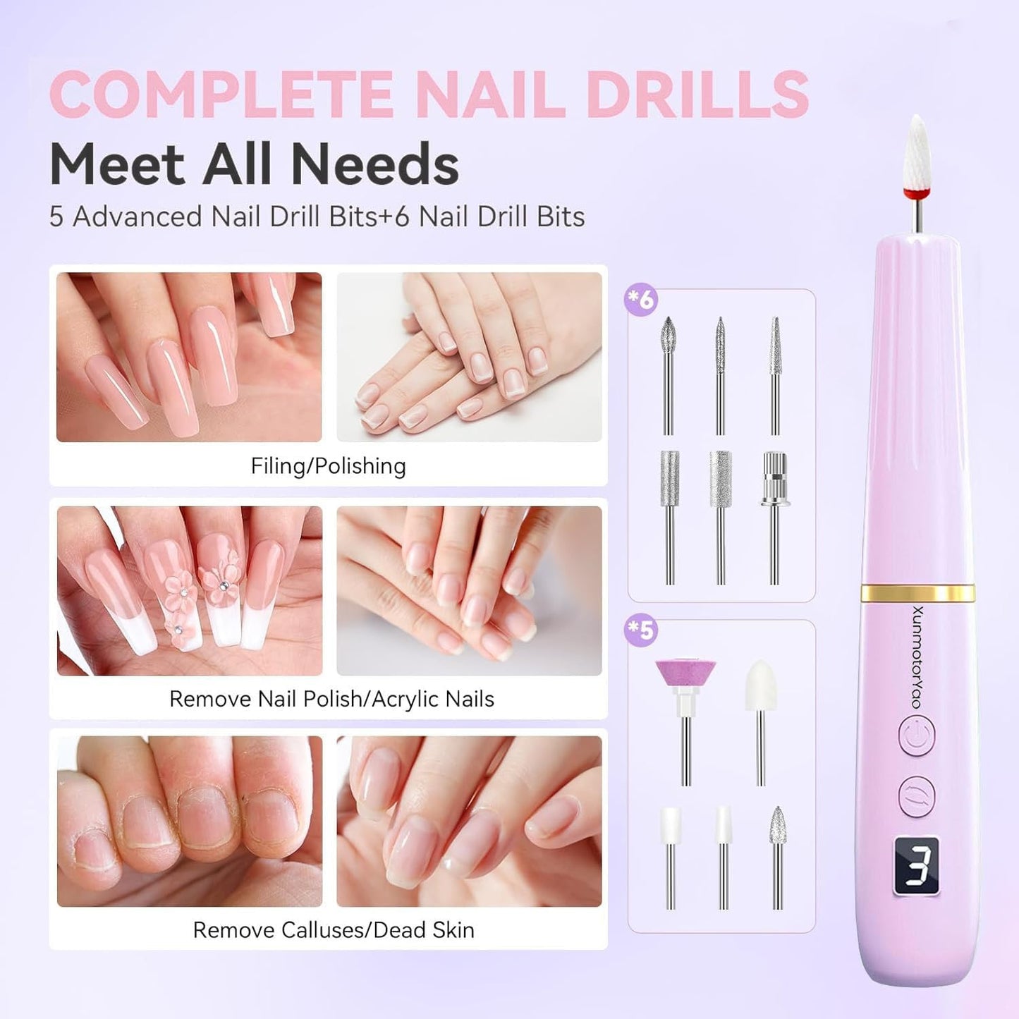 Electric Nail Drill File - Cordless 12-in-1 Acrylic Gel & Dip Kit | Portable Rechargeable Manicure Tools (Purple)