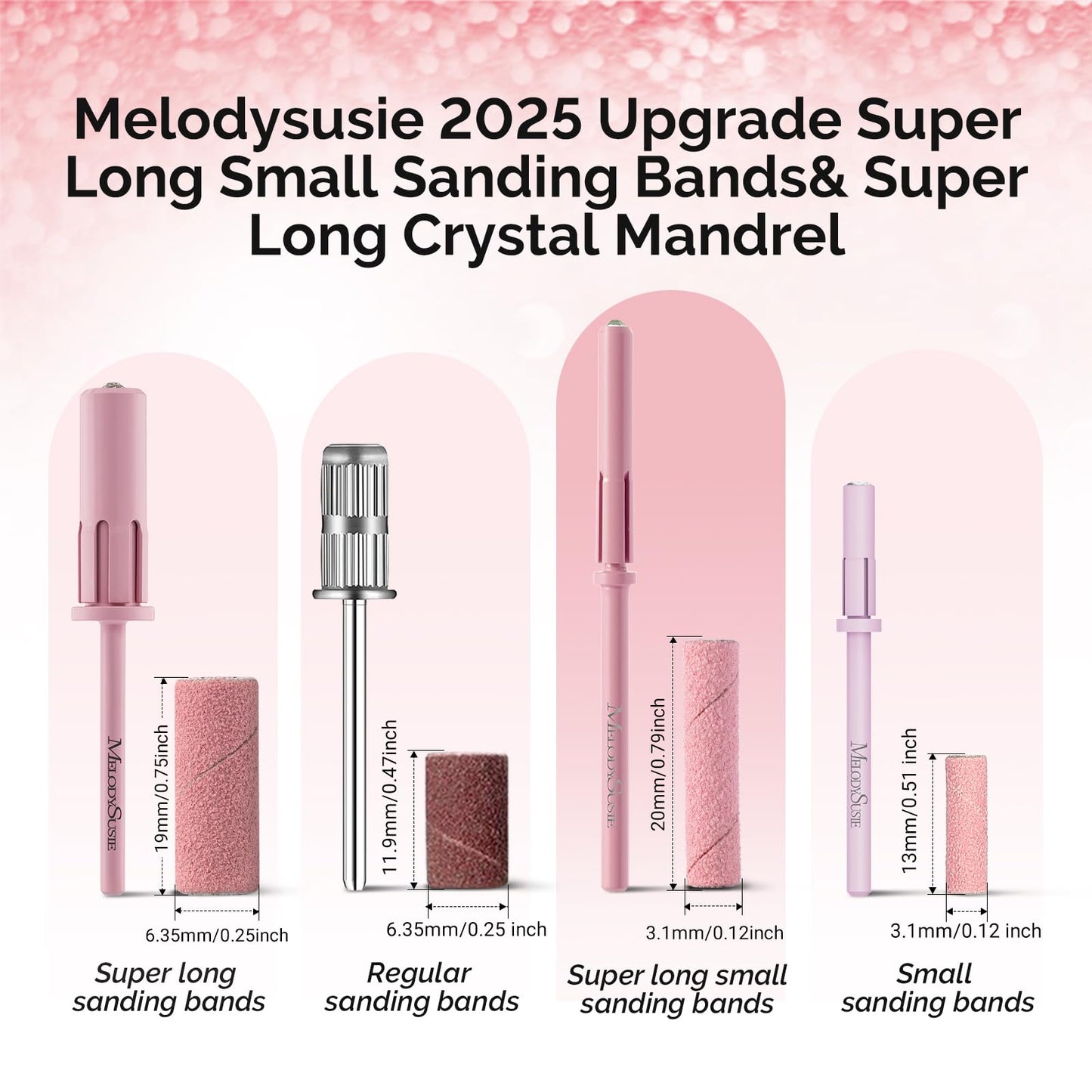 MelodySusie 50 Pcs Nail Drill Bits Super Long Small Sanding Bands with 3.1mm Crystal Mandrel Bit, 180 Fine Grit Nail File for Acrylic Nails Gel Manicures and Pedicure, Pink