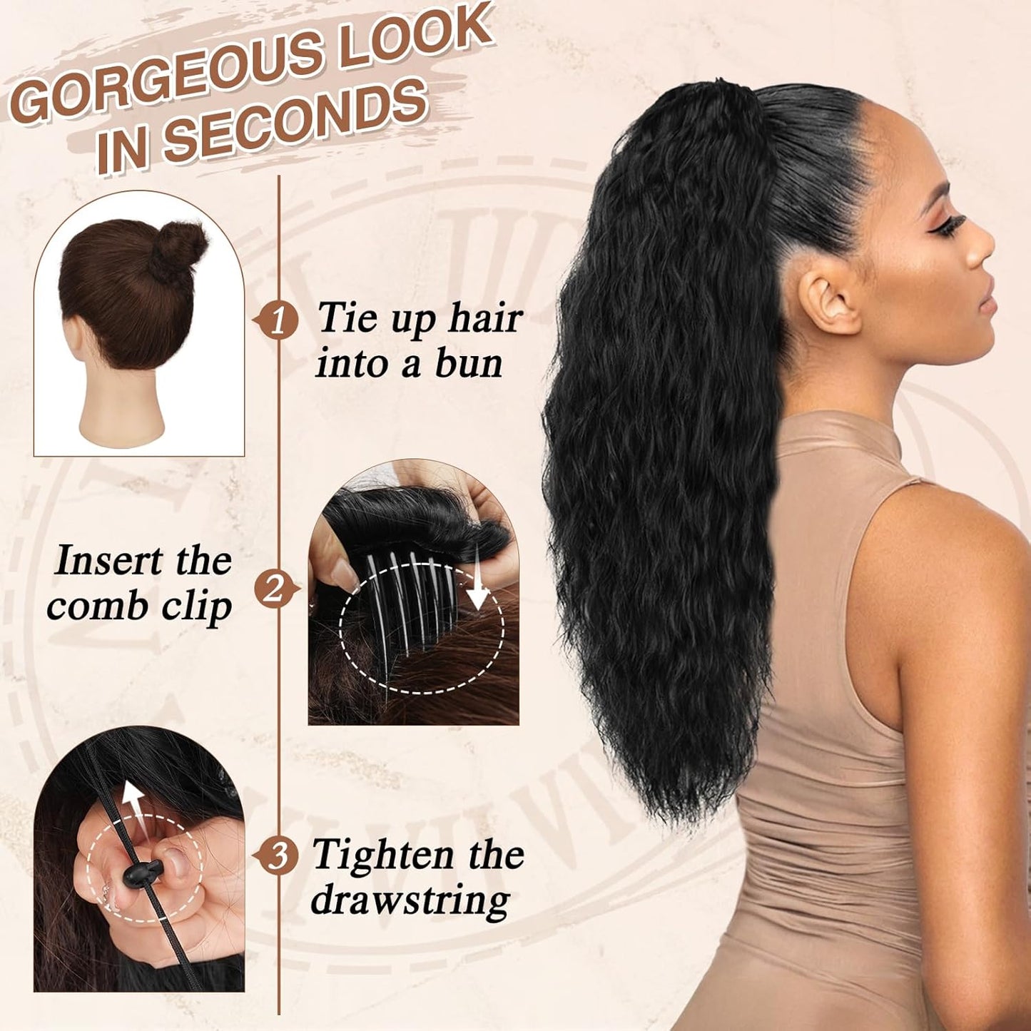 22 Inch Black Curly Wavy Drawstring Ponytail Extension - Synthetic Clip-In Hairpiece for Voluminous Bohemian Style