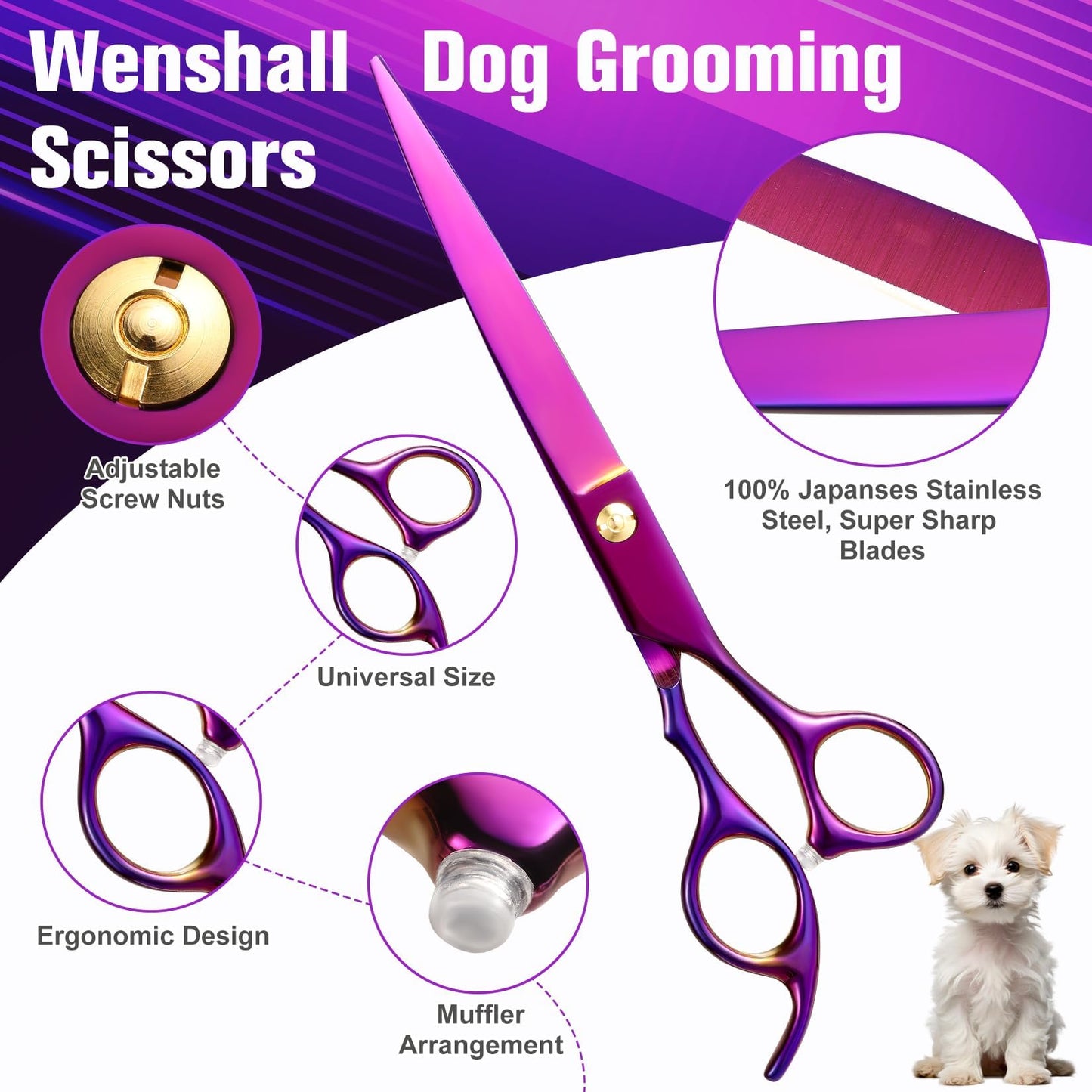 Wenshall Professional Dog Grooming Scissors Set, 7.0 Inch Titanium Straight & Thinning & Curved scissors and Comb for Dog grooming (Purple)
