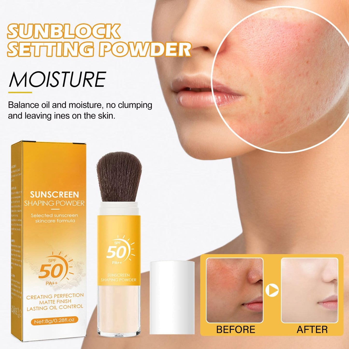 Setting Powder Sunscreen Face Powder, SPF 50, Translucent, Mineral Brush Finishing Powder, Oil Control, Spf Powder, Matte Finish Loose Powder Makeup for Women Man Cosmetic Gifts