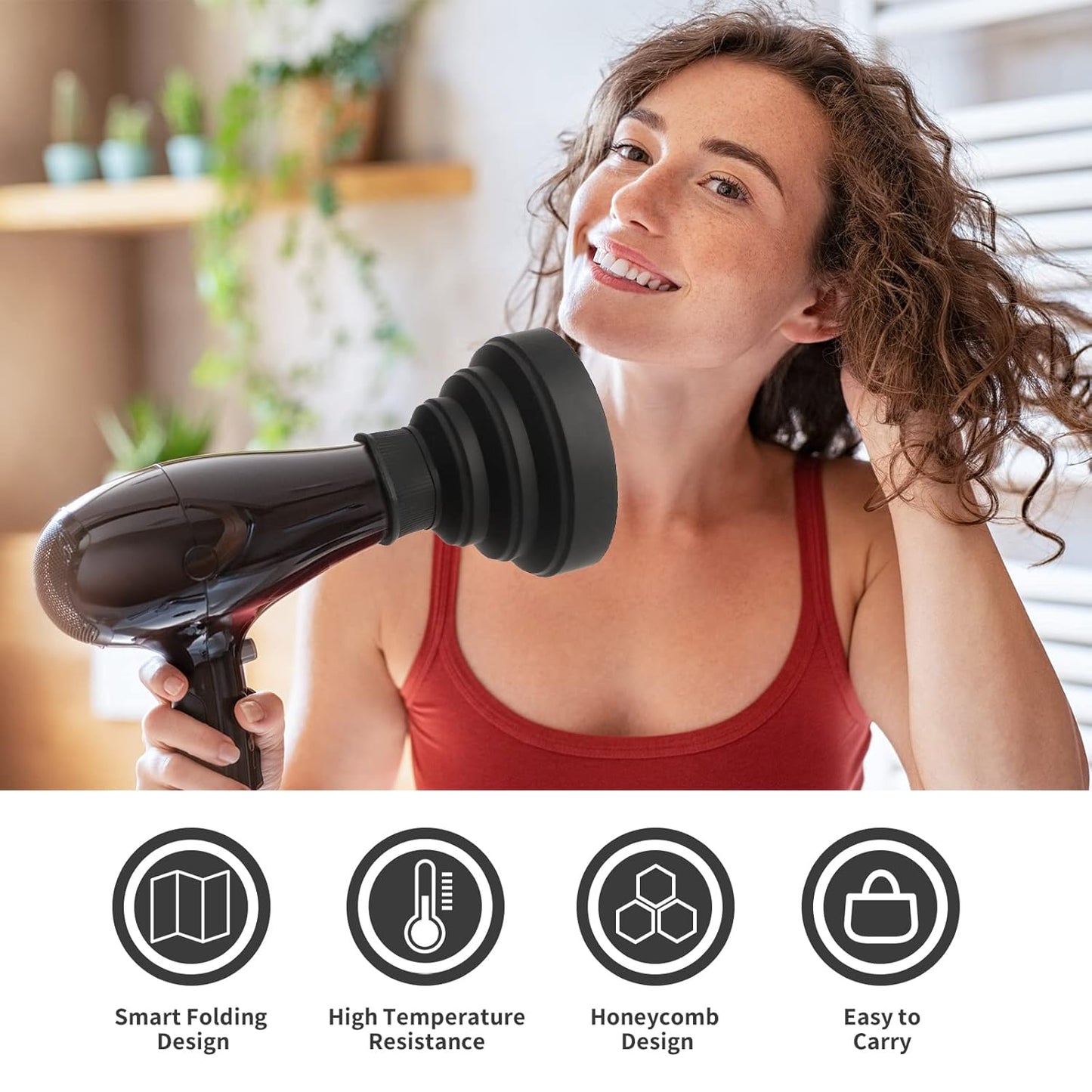 Travel Hair Dryer Diffuser - Collapsible Portable Attachment for Thick Hair | Fits 1.65"-1.77" Nozzles - Black