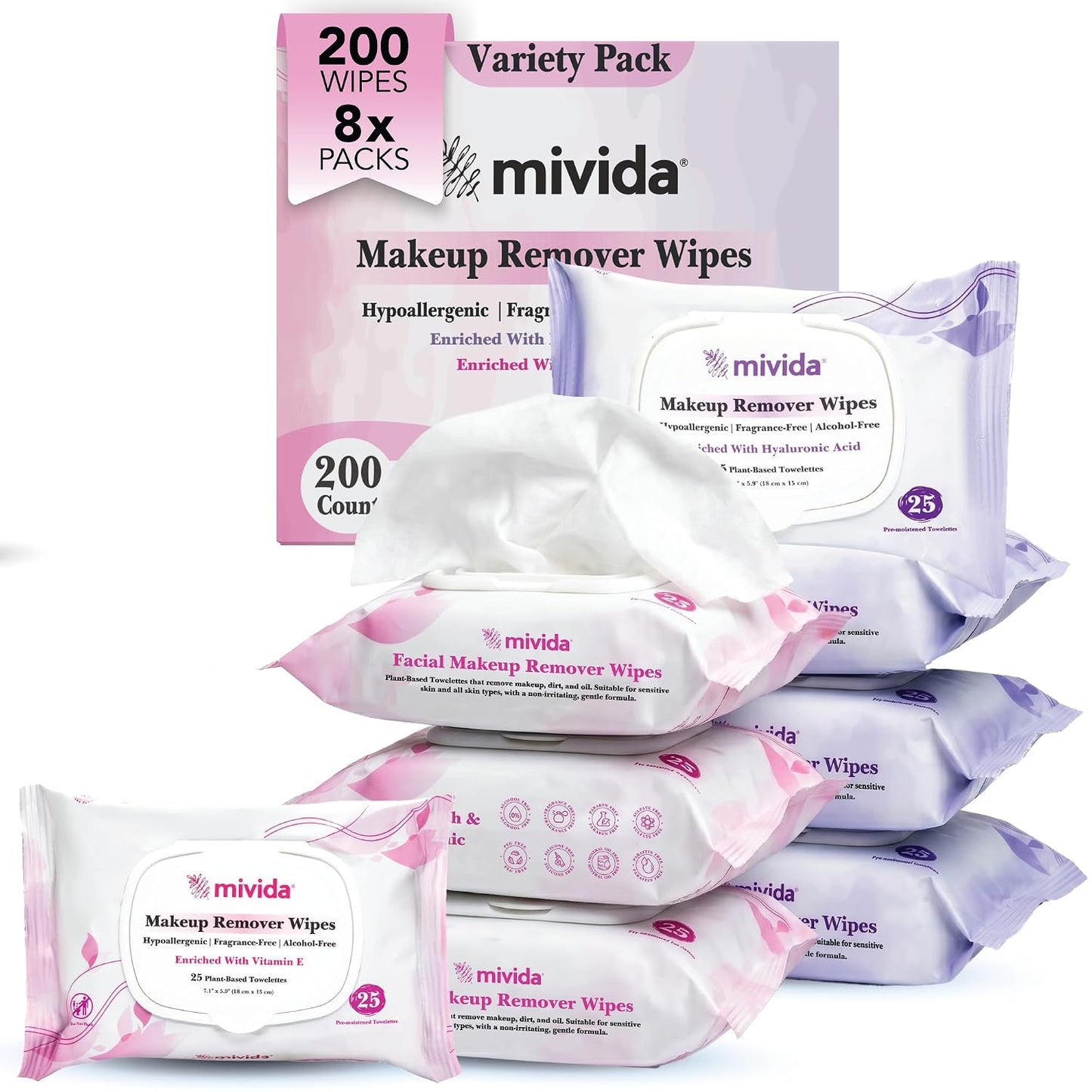 Hypoallergenic Makeup Remover Wipes - 200 Count Bulk Pack | Vitamin E, Fragrance-Free & Alcohol-Free for Sensitive Skin