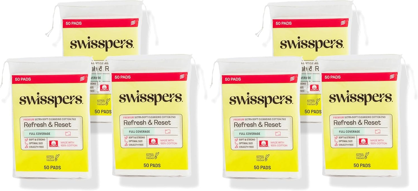 Swisspers Facial Cleansing Cotton Pads | 100% Natural Fiber, Ultra-Soft, 50 Count (Pack of 6)