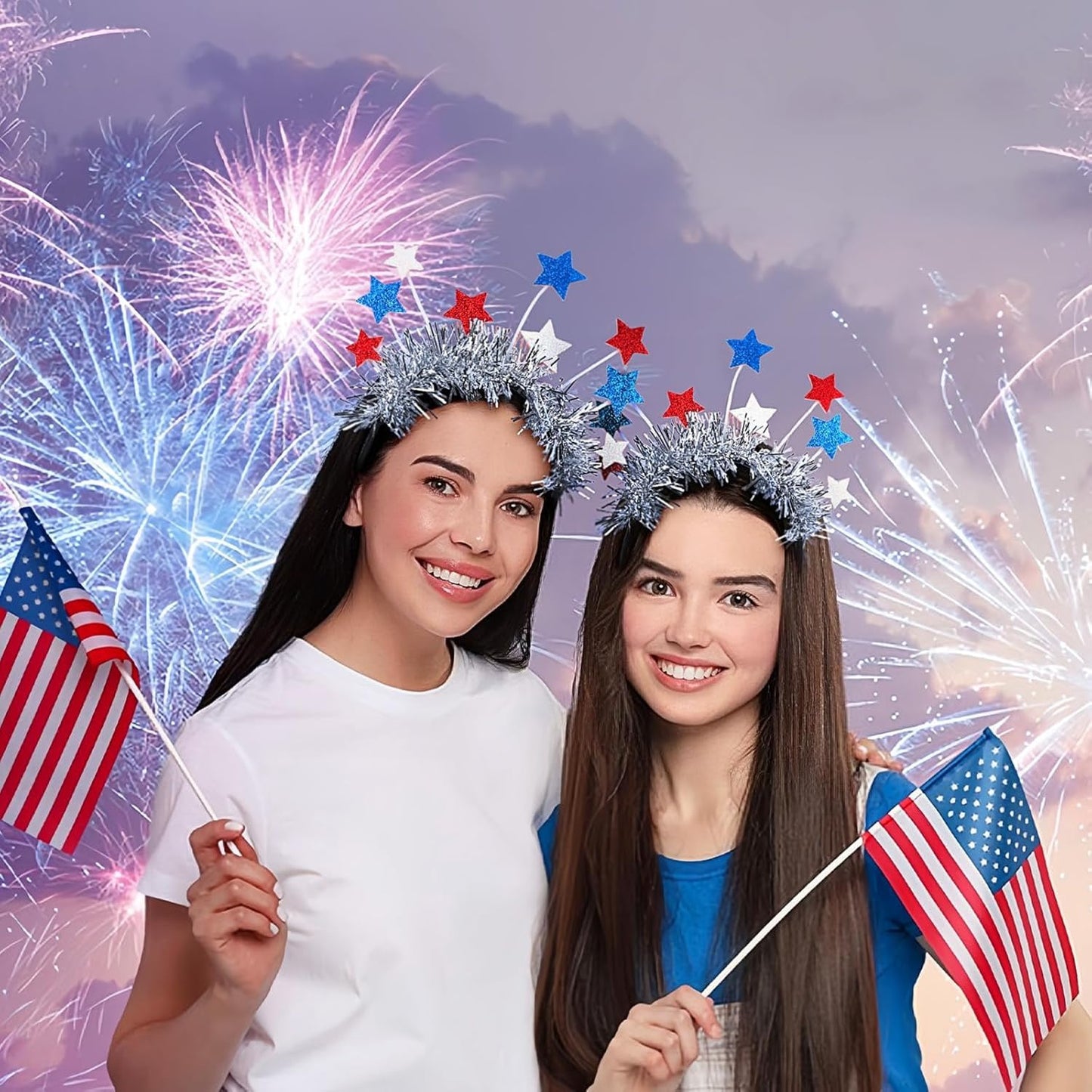 TWISBOW 2Pcs 4th of July Headbands Glittery Red White Blue Stars Hair Accessory for Independence Day Patriotic Party Decorations