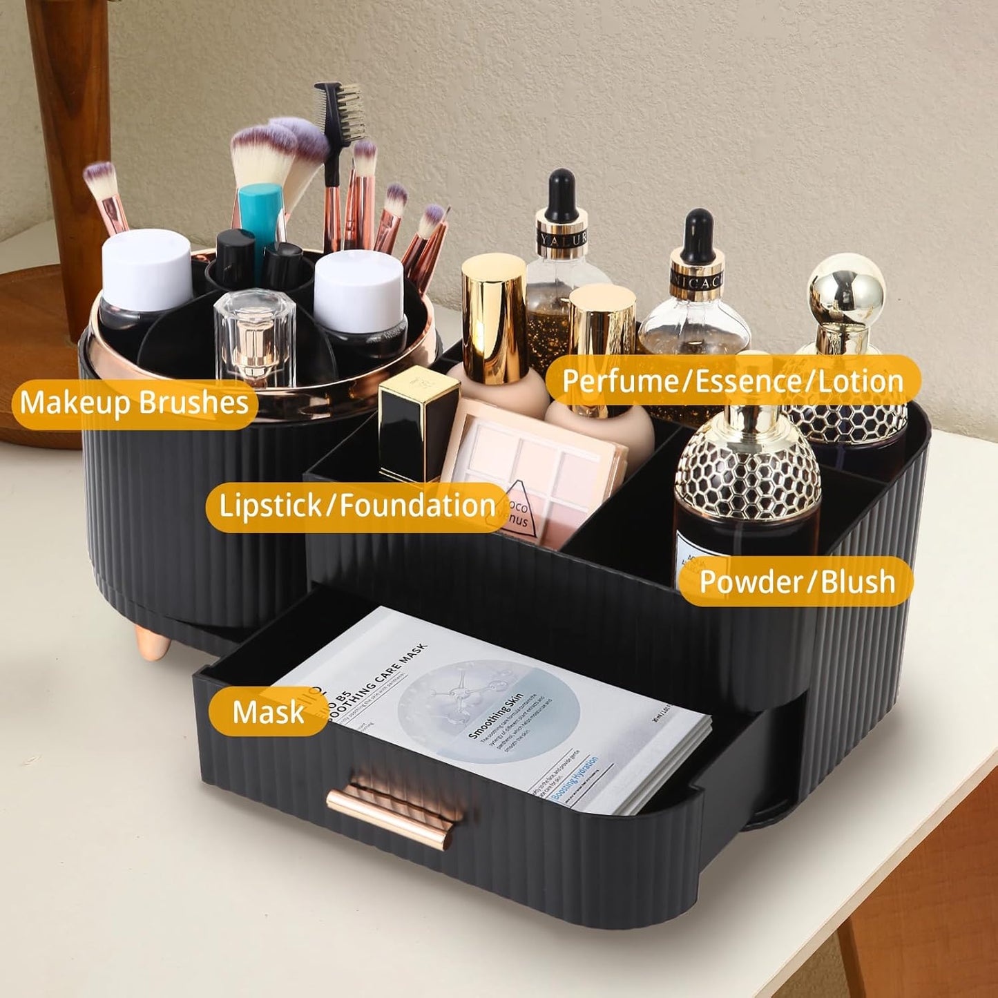 Makeup Organizer - 360 Rotating Brush Holder with Drawer | Large Capacity Skincare & Cosmetic Storage - Black