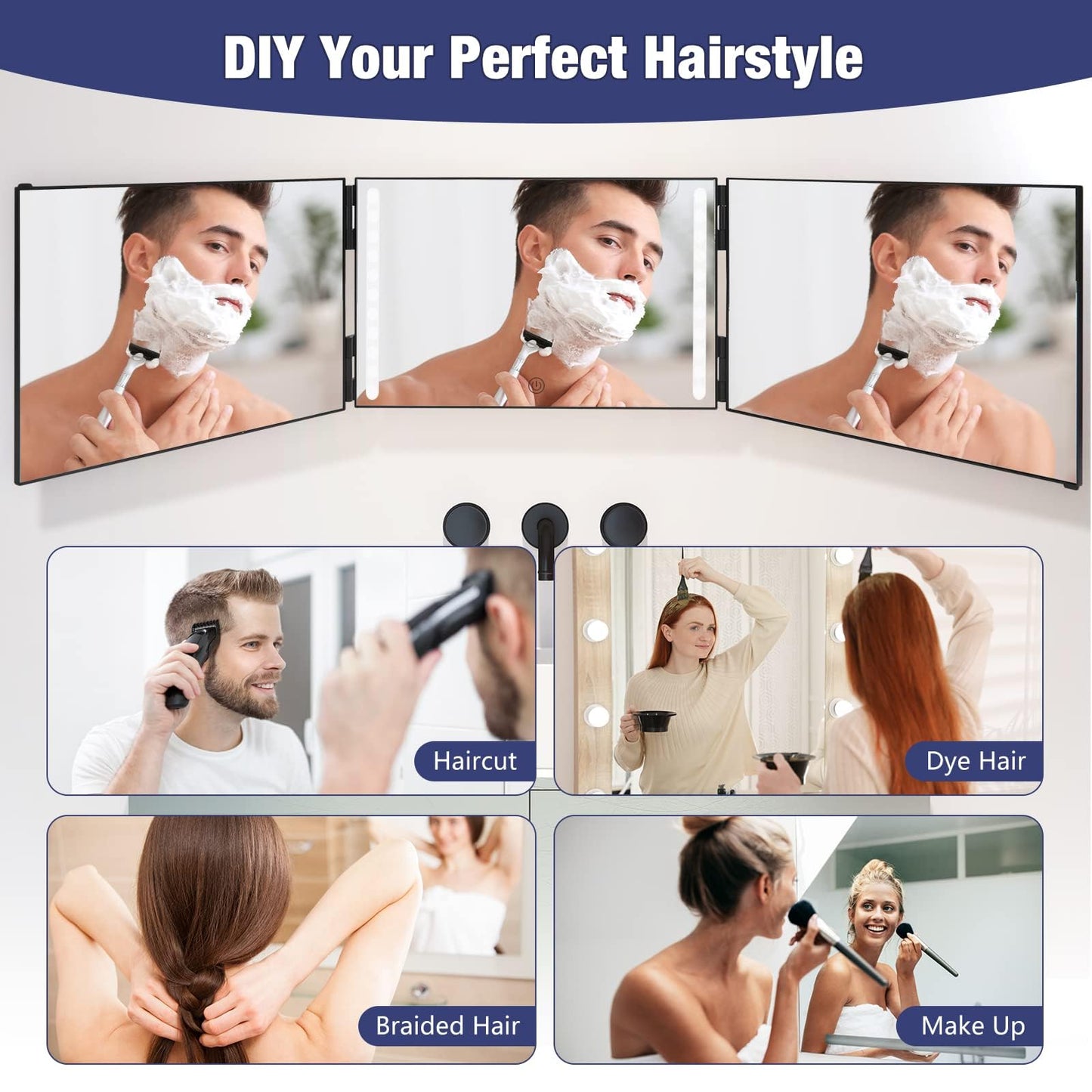 Dripex 3 Way Mirror with Led Lights for Men or Women, 360° Trifold Self Haircut Mirror with Height Adjustable Hooks, for Makeup, Styling, Shaving, Braiding, Dye Hair (Black with Led)