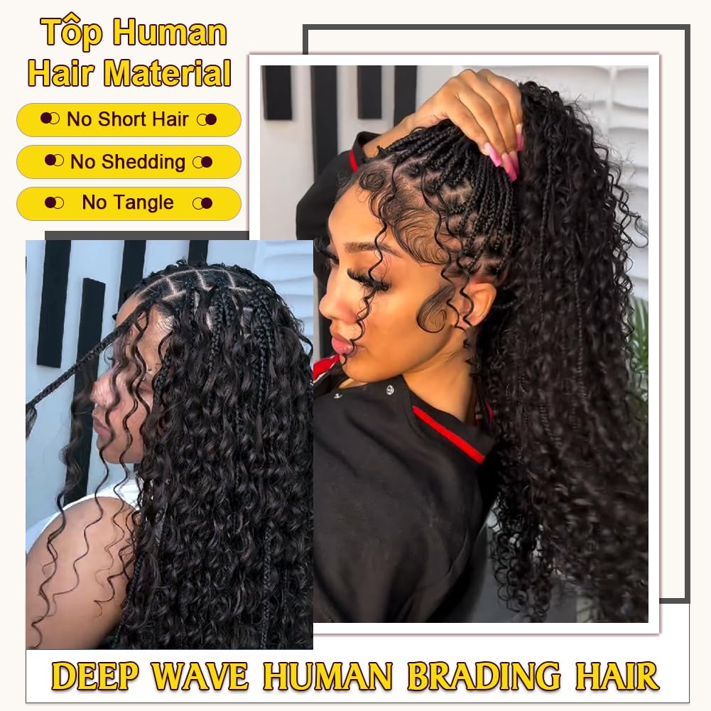 100 Percent Human Boho Braiding Hair Deep Wave Curly 12A Bulk Bundles Human Hair 105g Wet and Wavy for Boho Braids Human Hair Extensions for Braiding Human Supplies No Weft 2 Bundles