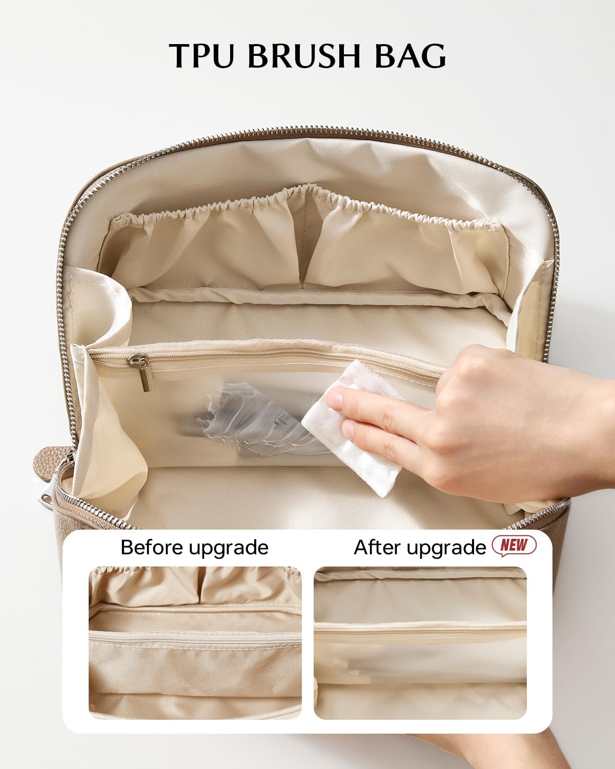 Travel Makeup Bag - Large Capacity Lychee Leather Cosmetic Organizer | Waterproof Toiletry Bag with TPU Brush Compartment