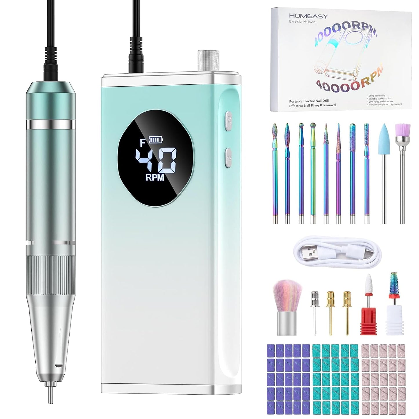 Electric Nail Drill - 40000RPM Professional E-Filer with 15 Bits | Portable Acrylic Gel Nail File (Purple)