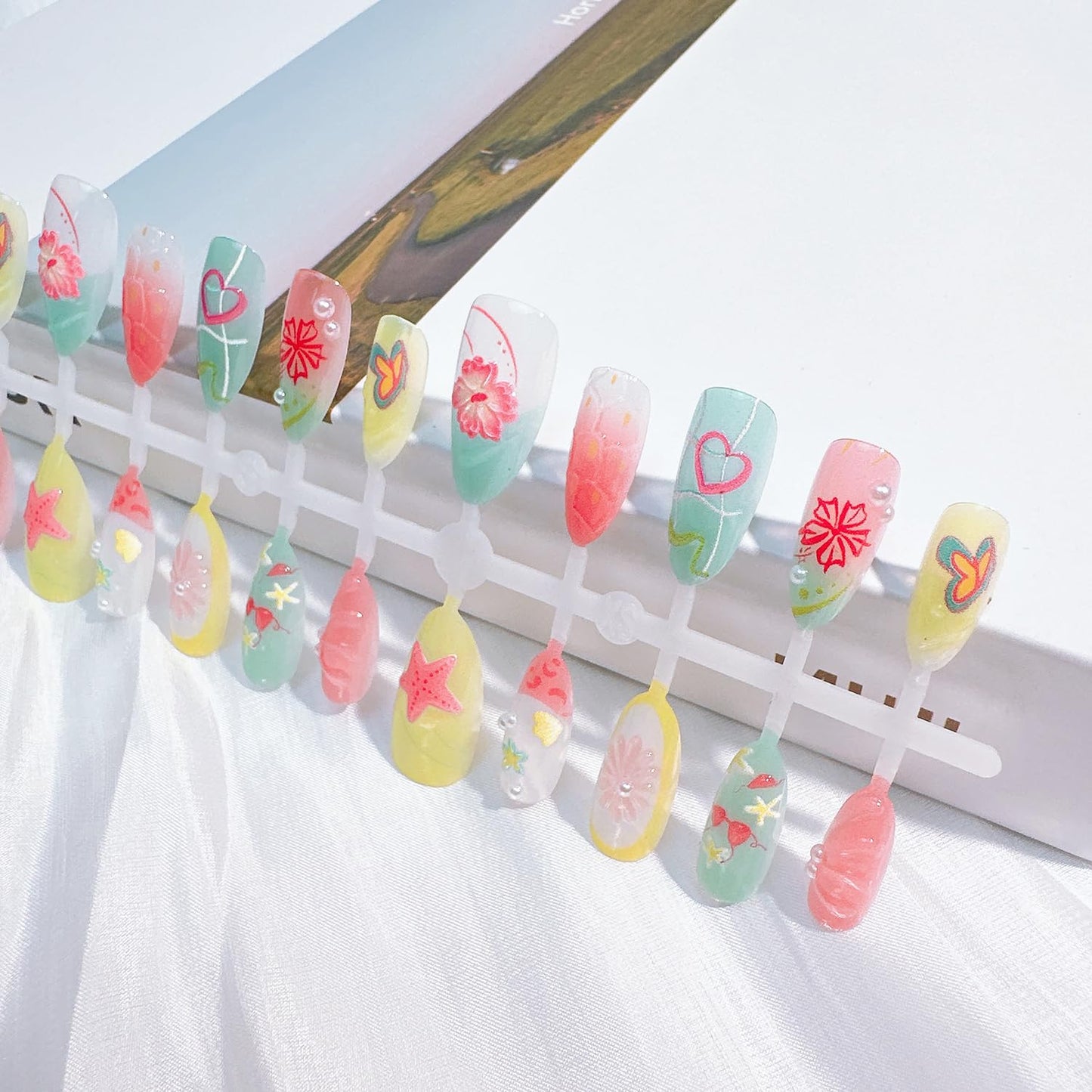 30Pcs Summer Press On Nails - Medium Almond Shape with 3D Starfish Designs | Includes Nail File & Jelly Stickers