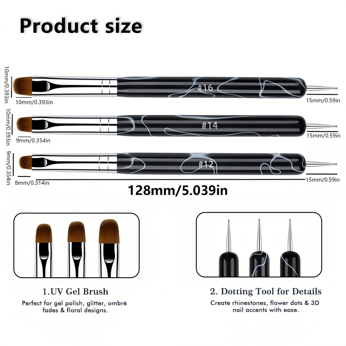 3 Pcs French Nail Brush Set, 2 Way Dotting Tool and French Tip Brush, Gel Acrylic Nails Art Design Pen, Nail Clean Up Brushes for Professional Manicure Tools, Size 12#, 14#, 16# - Marble Black