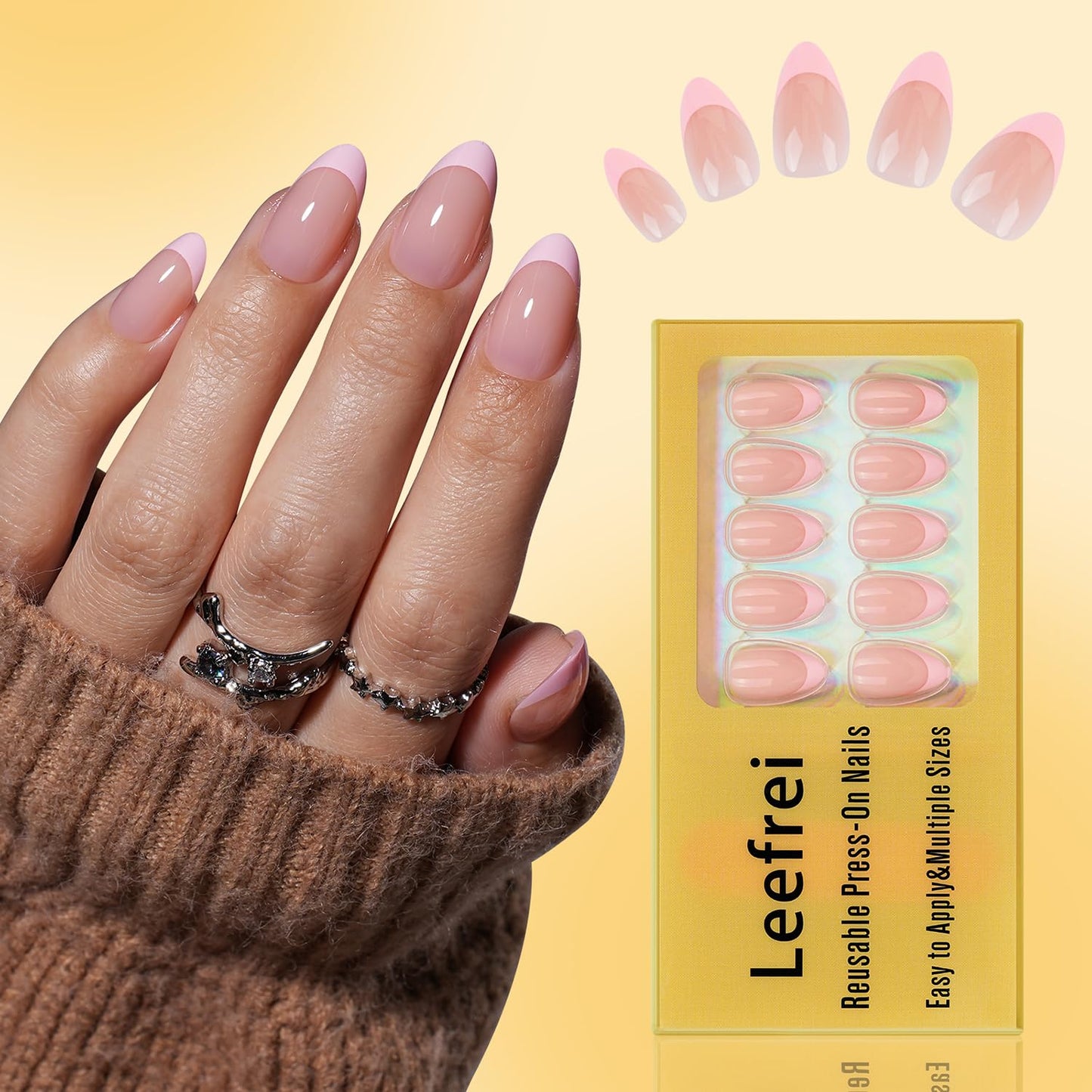 French Tip Press On Nails - Glossy Pink Almond Reusable Fake Nails | 32 Pieces in 16 Sizes with Glue