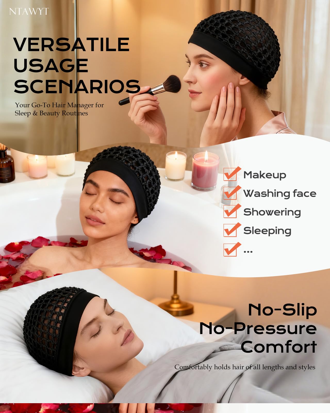 2 Pieces Comfortable Elastic Knit Hair Net for Sleeping & Silk Press - No Red Marks, Tubi Hair Warp Mesh Snood Cap for Women(Black)