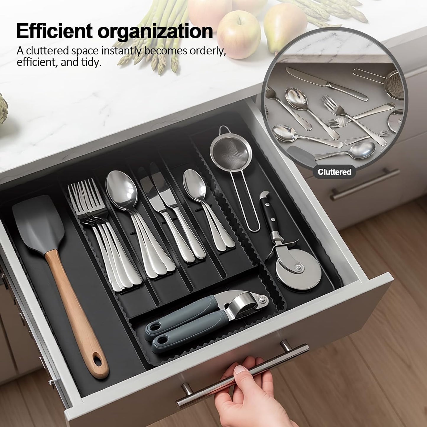 Expandable Silverware Organizer - Adjustable 7-Compartment Cutlery Tray | Heat-Resistant Silicone, Black - 50% Larger Capacity