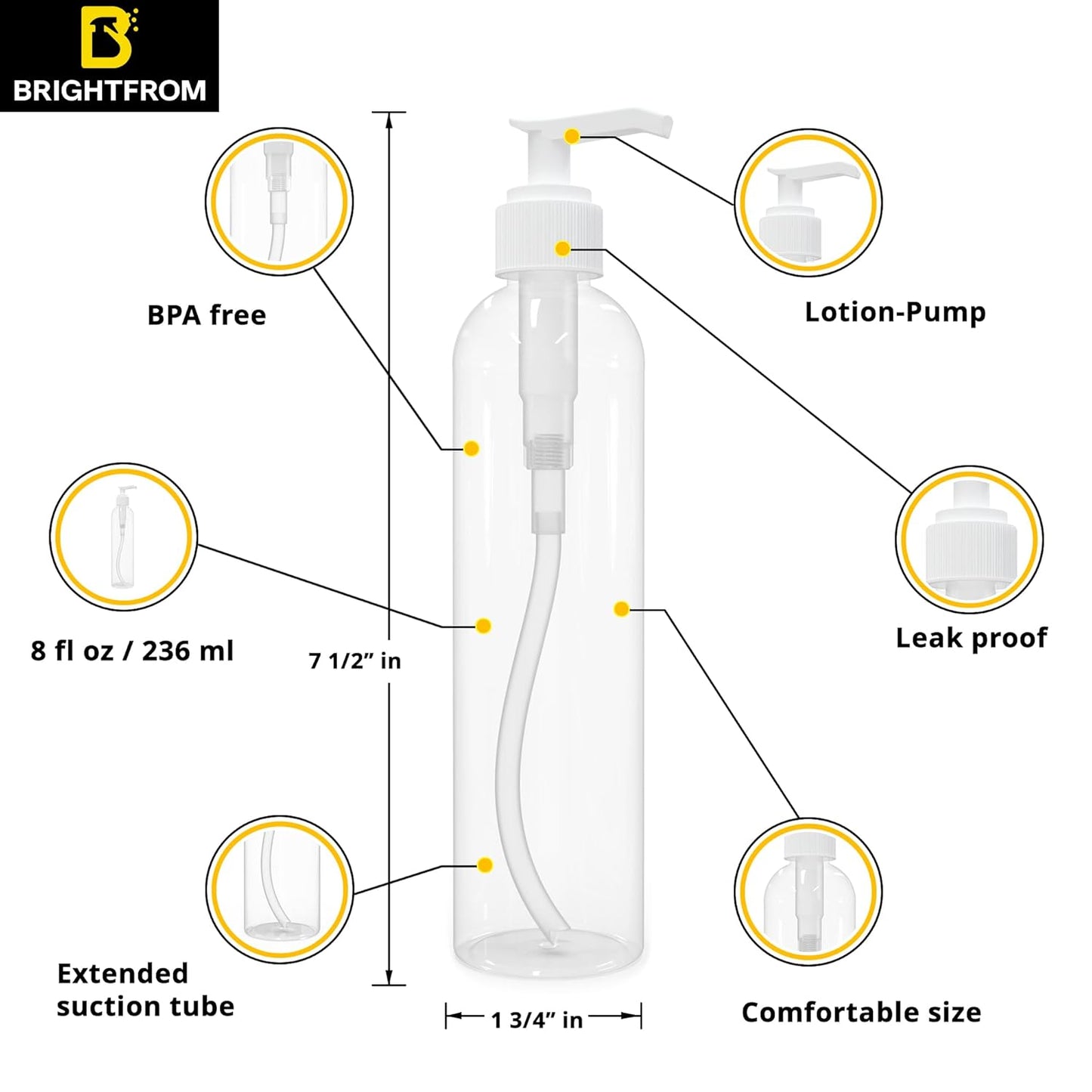 Lotion Pump Bottles - 8 Oz BPA-Free Refillable Plastic Containers | Clear with White Dispenser for Soap, Shampoo & Lotions (3 Pack)