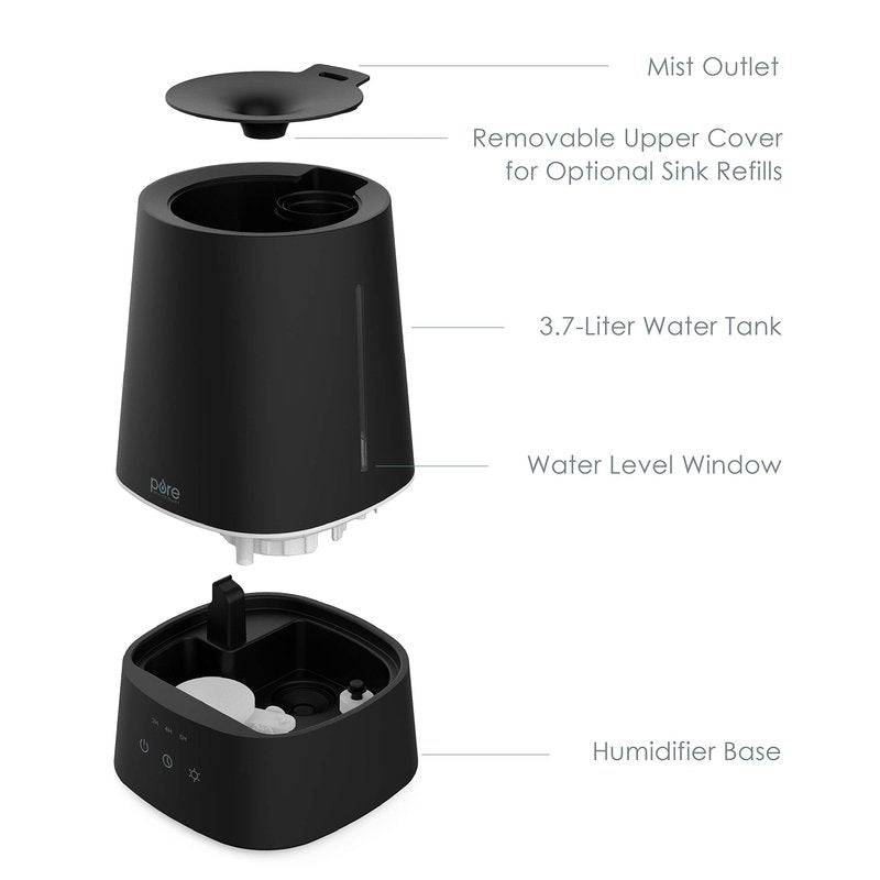 Pure Enrichment HUME Max - Easy Top-Fill Ultrasonic Cool Mist Humidifier, 3.7-L (1 Gallon) Water Tank, 3 Mist Settings, & Auto Shut-Off Timer - Ideal for Large Bedrooms, Nurseries & Dry Areas (Black)