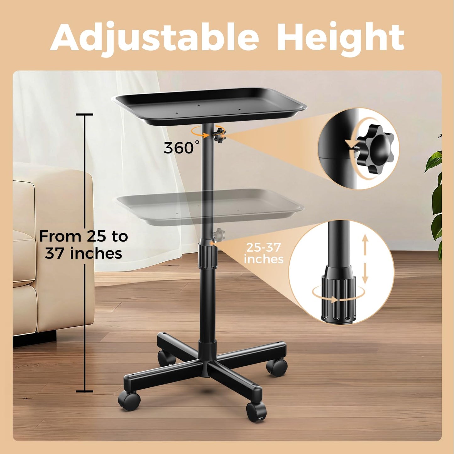 VERYTOP Back-Saving Salon Tray on Wheels, Adjustable Height (25-36inch) Rolling Cart for Hair Stylists, Tattoo Artists, Lash Techs—Spa Clinic Home Salon Trolley (36inch-Black, 12.3×16inch)