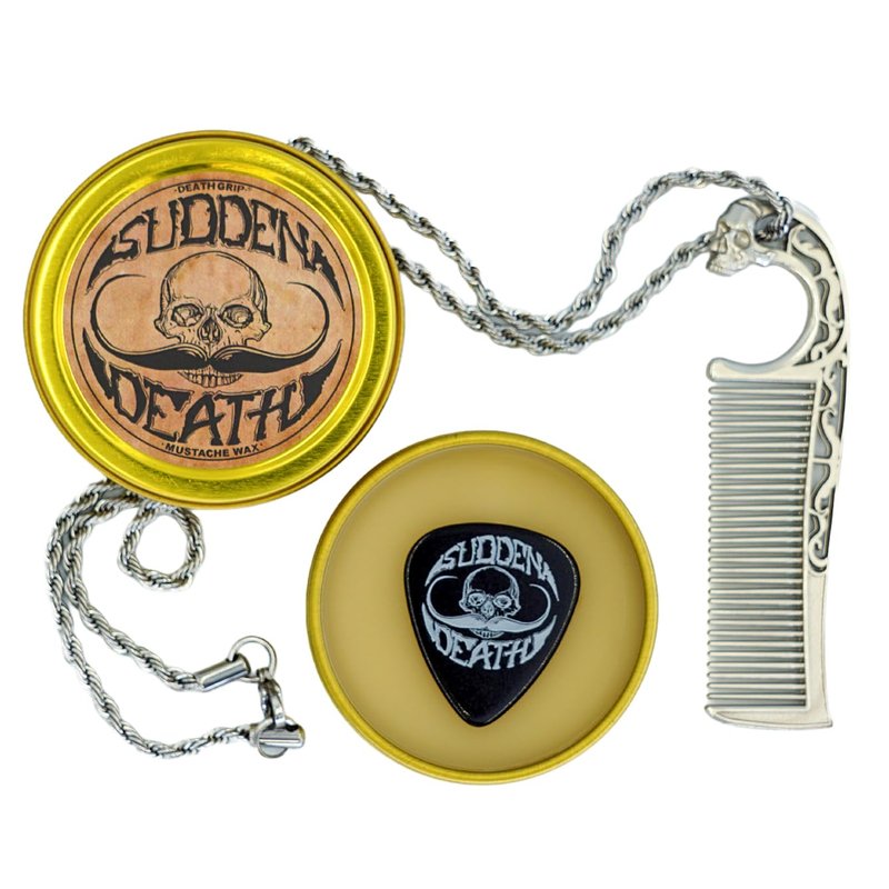 Mustache Wax Strong Hold Sudden Death 1 oz Tin & Necklace Death Grip Mustache Comb Mens Combo Kit - Grooming For Men Handlebar Moustache