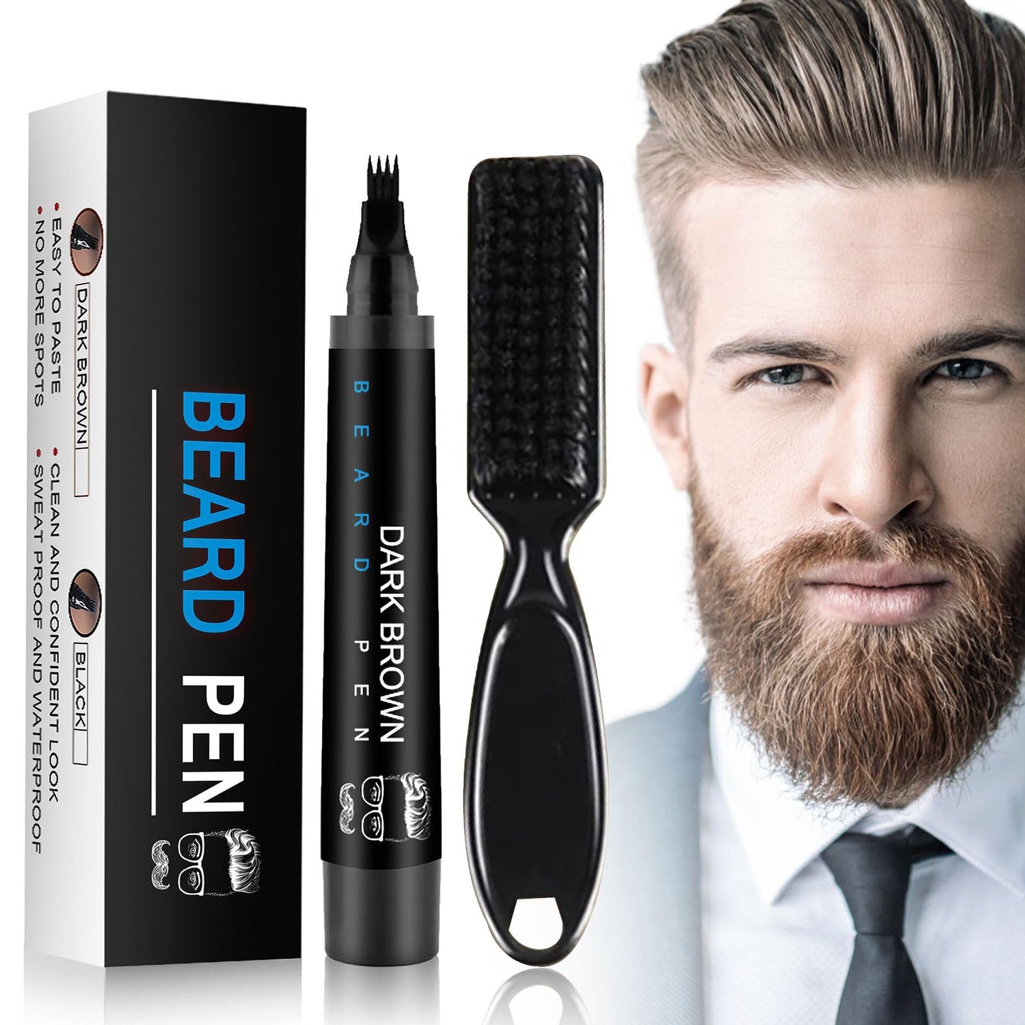 Beard Pen with Brush Long-wear & Water-proof, Mens Grooming Kits Creating Voluminous Beard Color Dad Gifts (Black)