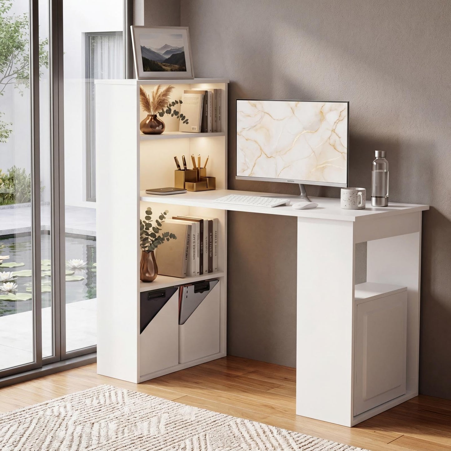 Tangkula White Computer Desk with Bookshelf, Writing Study Desk with Storage Shelves & CPU Stand, Modern Compact Computer Workstation for Home & Office, Space-Saving Design