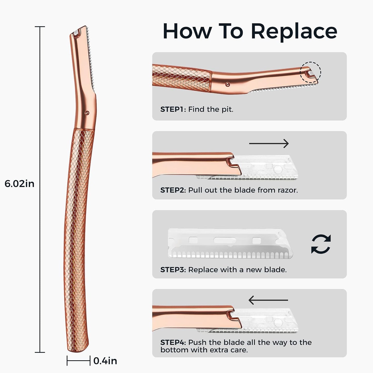 Eyebrow Razor - Precision Face Trimmer for Men & Women - Rose Gold | 6 Blades, Reusable Handle, Compact Design
