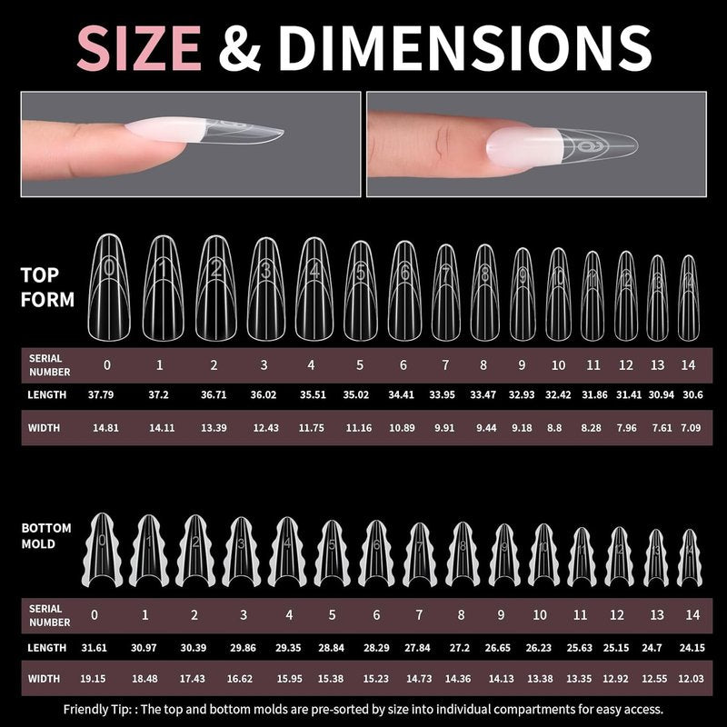 Makartt Dual Nail Forms - Long Almond Shape Molds for Gel Extensions | 280 Pcs, 14 Sizes, Reusable DIY Manicure