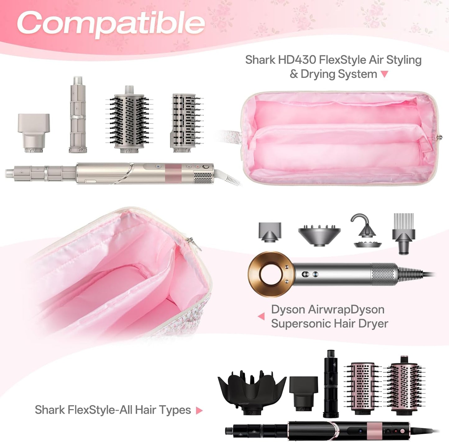 Quilted Hair Tool Travel Bag - Dyson Airwrap & Shark Flex Style Case | Pink Floral Organizer for Curling Irons