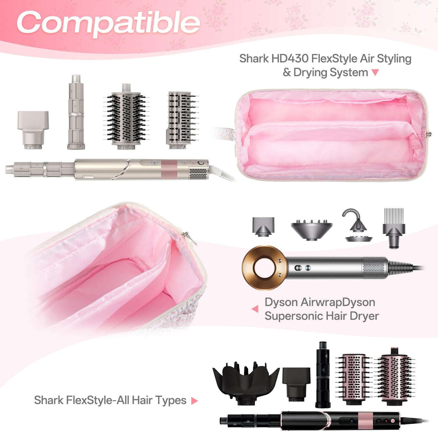 Voryssent Quilted Hair Tool Travel Bag, Shark Flex Style Travel Case For Dyson Hair Dryer Airwrap Bag, Curling Iron Bags Quilted For Shark Dyson Revlon Organizer Accessories - Pink Floral