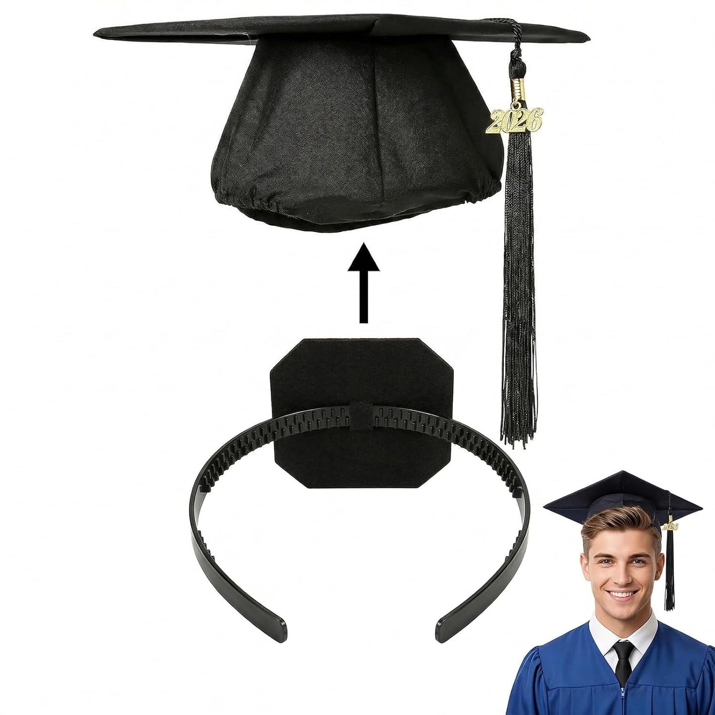 Graduation Cap Headband for Women - Anti-Fall Hairband for Secure Graduation Hats | Black
