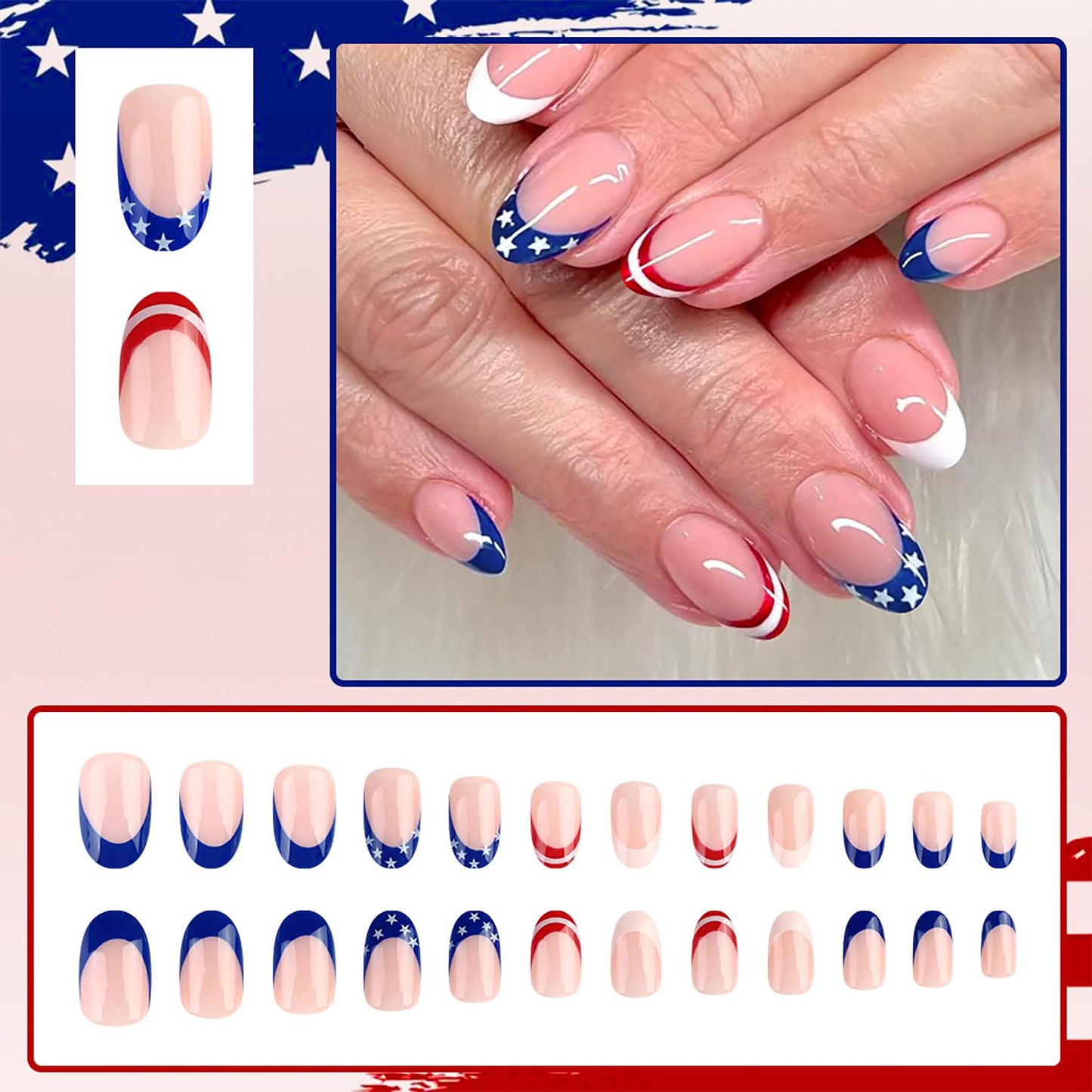4th Of July French Tip Press On Nails Short Almond Fake Nails Independence Day False Nails Press Ons With Star Design Nude Stick On Nails Full Cover Glue On Nail For Women Nail Supplies 24pcs